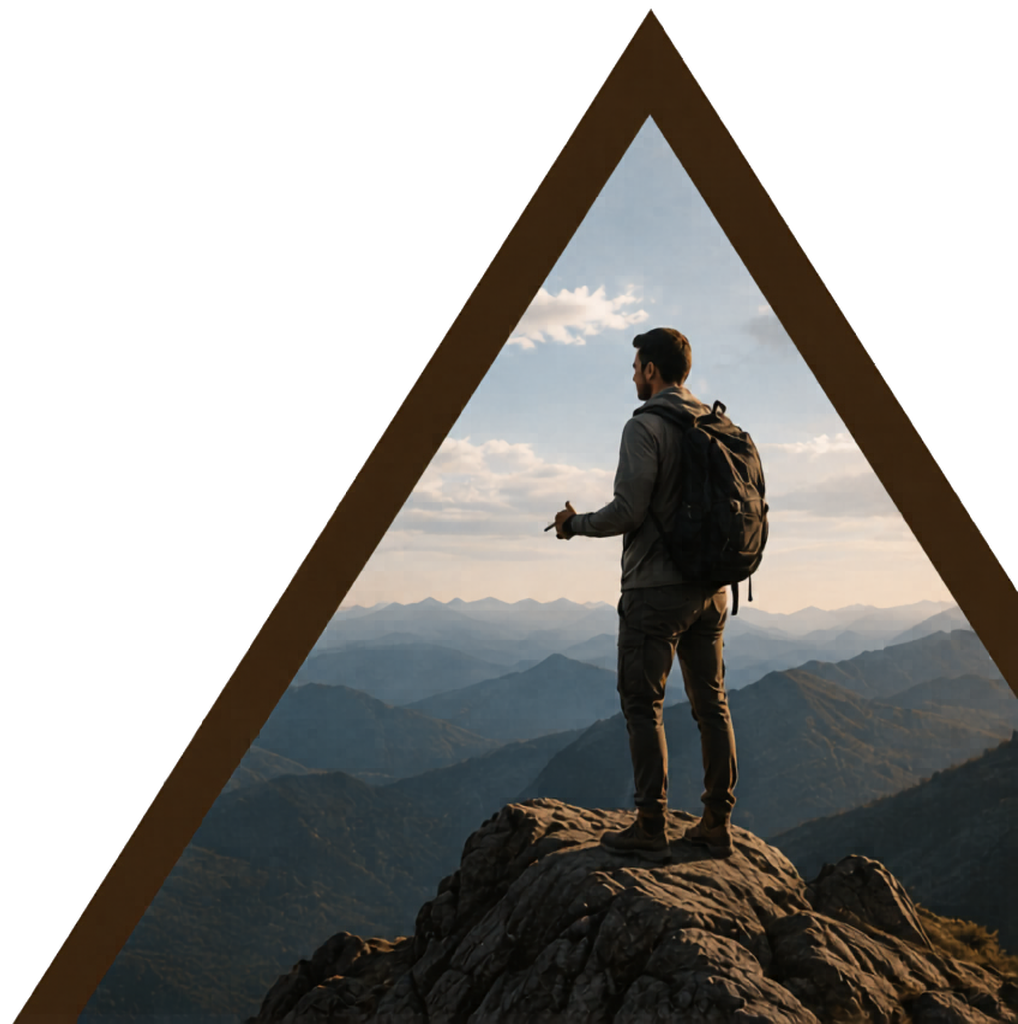 A climber standing on a summit, framed within the CLIMB mountain emblem