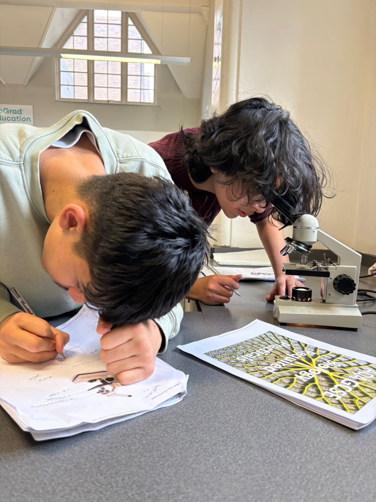 Students recording observations beside a microscope